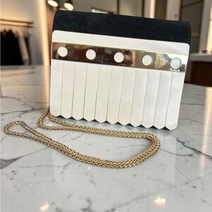 Furla White/Black Fringe Panel Gold Trim Crossbody Clutch
